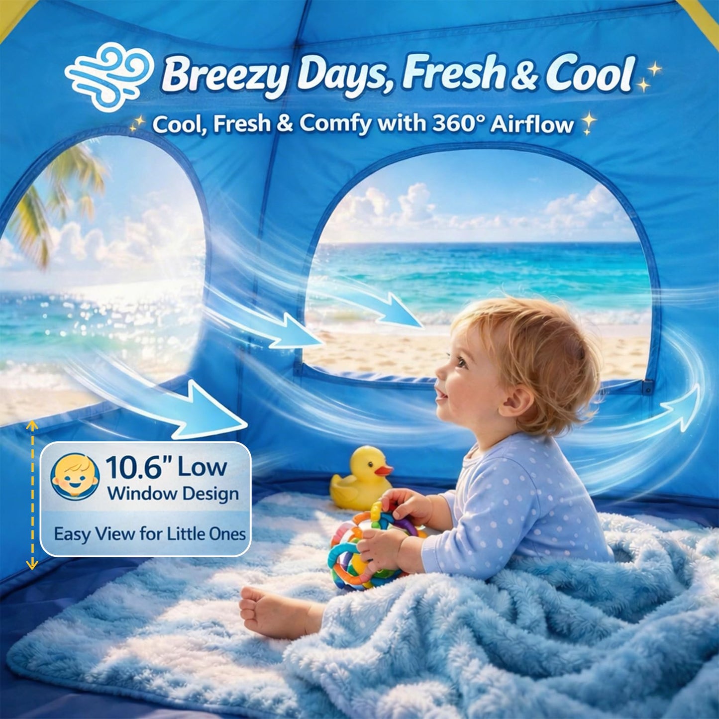 Baby Beach Tent Pop Up Sun Shelter with UPF 50+ UV Protection, Silver-Coated Interior, Breathable Mesh Ventilation, Easy Setup, Wind-Stable Beach Shade for Infants & Toddlers