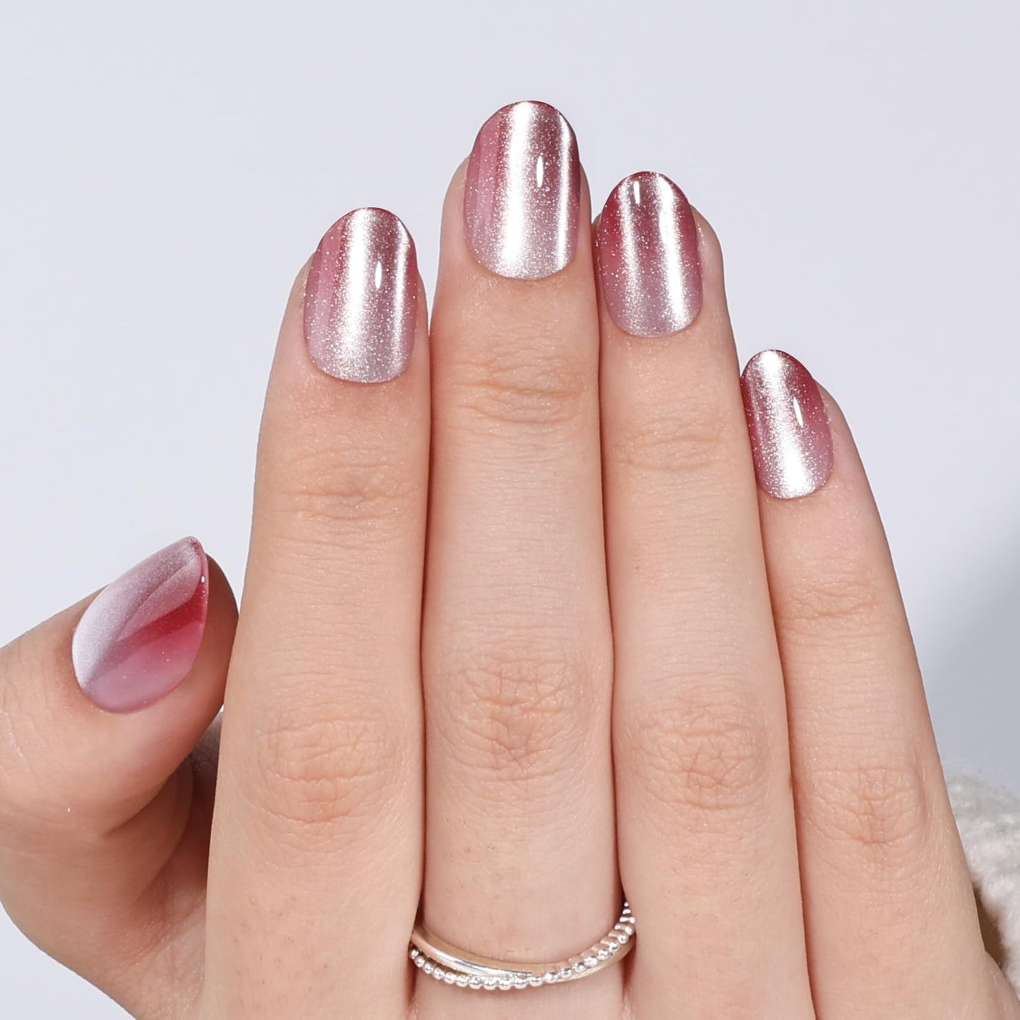 SEEWEE Pink French Tip Cat Eye Press On Nails Oval - Red Ombre Short Oval Fake Nails with Nail Glue, Pink Cateye Press On Nails Reusable Stick On Nails in 16 Sizes 32 Nail Kit | Salon Quality