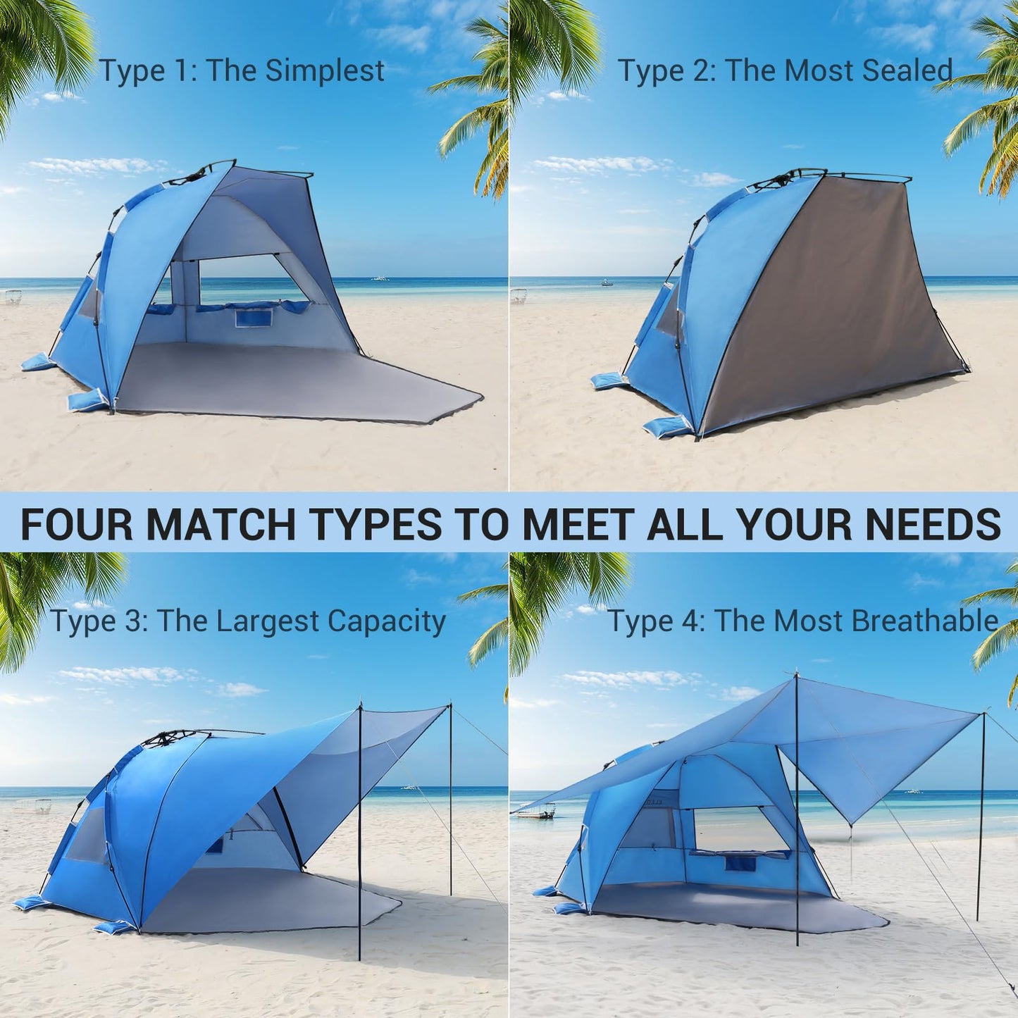 Elegear CumbreX™ Beach Tent with 360° Removable Canopy, 4-6 Person Pop Up Sun Shade Shelter, UPF 50+ Automated Installation Double Silver Coating Portable Lightweight Beach Cabana for Beach/Outdoor