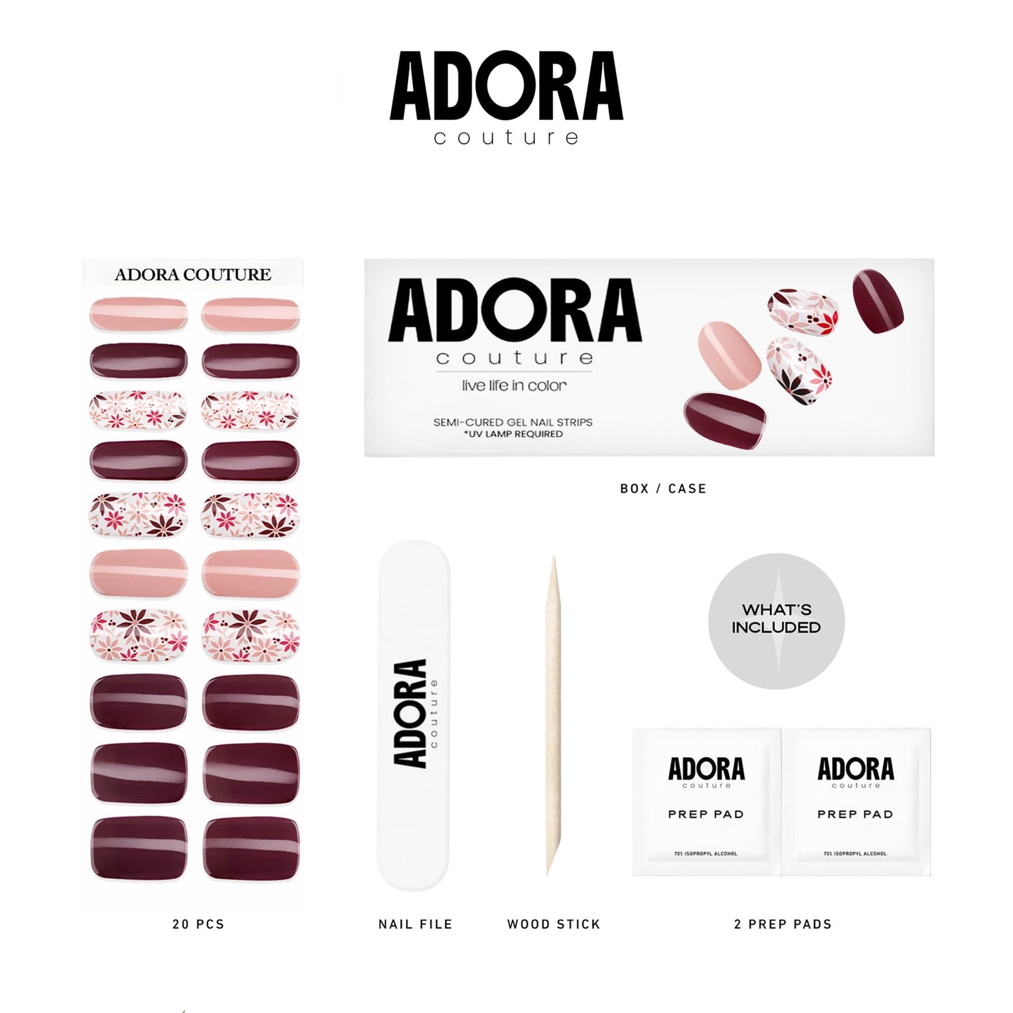 Adora Couture Semi-Cured Gel Nail Strips - 20 Salon-Quality Gel Sticker with UV Light Required, Long Lasting, Easy Application & Removal, Includes Prep Pad, Nail File, Wooden Stick – Meadows of Mocha