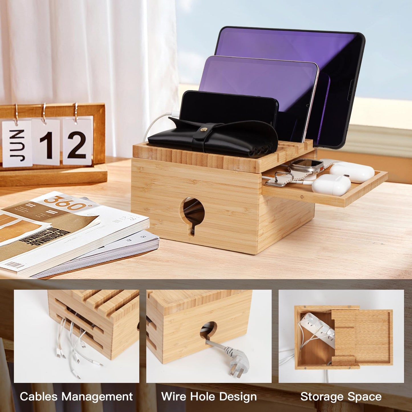 PERFECYEE Bamboo Charging Station for Multiple Devices, Desktop Charger Organizer with Small Tray, Compatible with Cell Phone, Tablet, Earphones (with 5-Cable, No USB Charger)