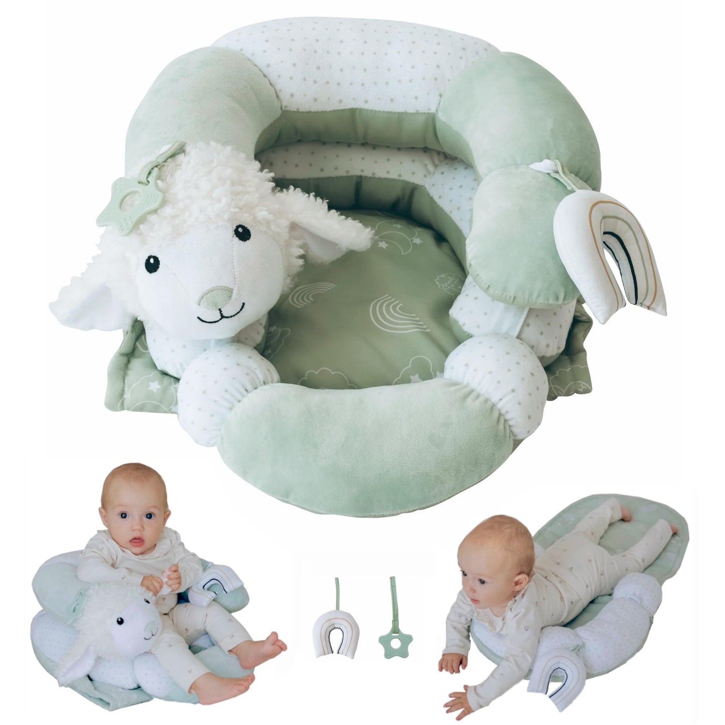 Aila+Aiden 2-in-1 Tummy Time Mat and Seated Support with Sensory Toys – for Newborns and Babies – Includes Detachable Cushion for Supervised Play & Head/Neck Development (Sage)