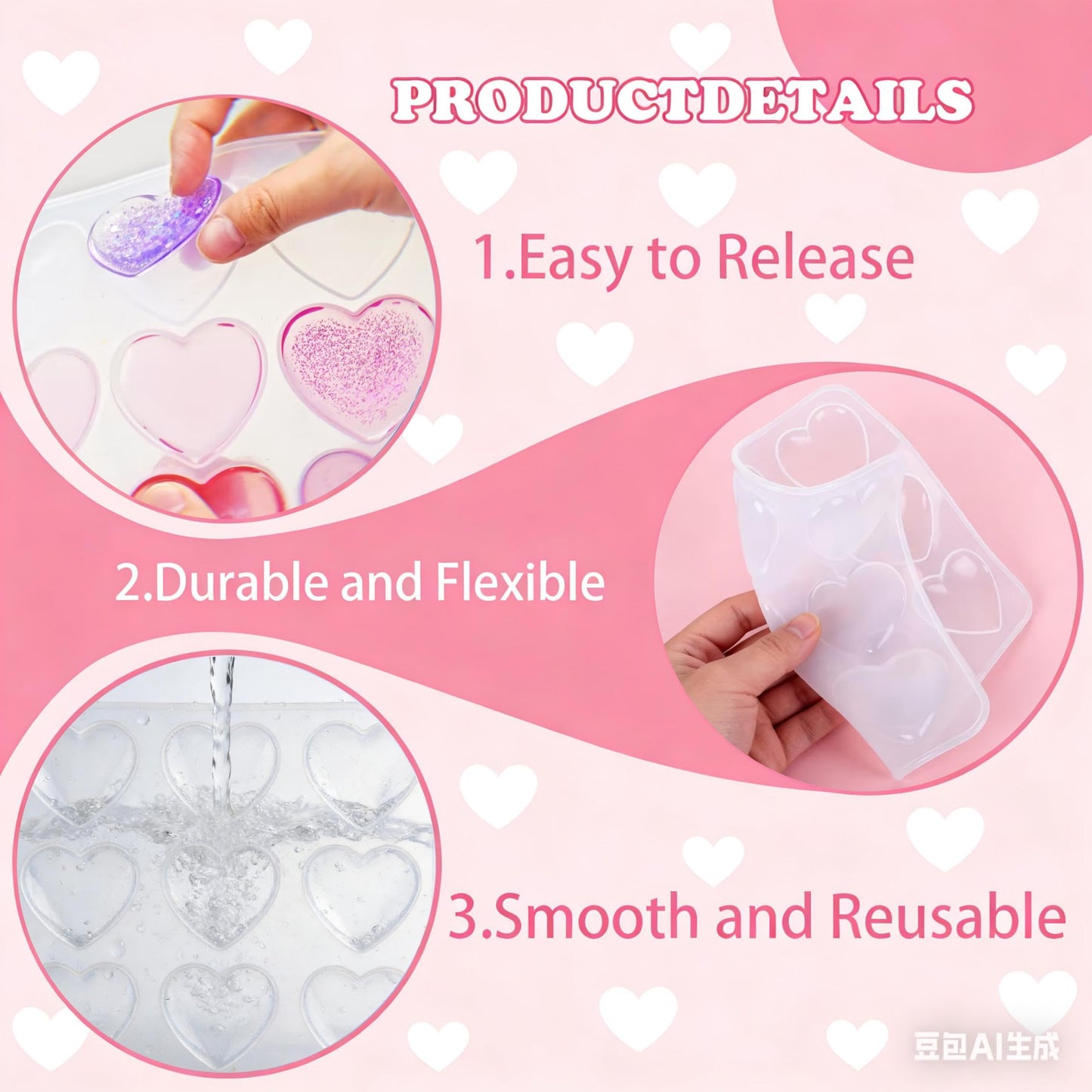 QENEQ Heart Shape Resin Silicone Molds 5 Set 3D DIY Art Shapes Shiny Multifunctional Handmade Tool Agate Jewelry Pendant Home Decor Soap Candle Valentine Gift