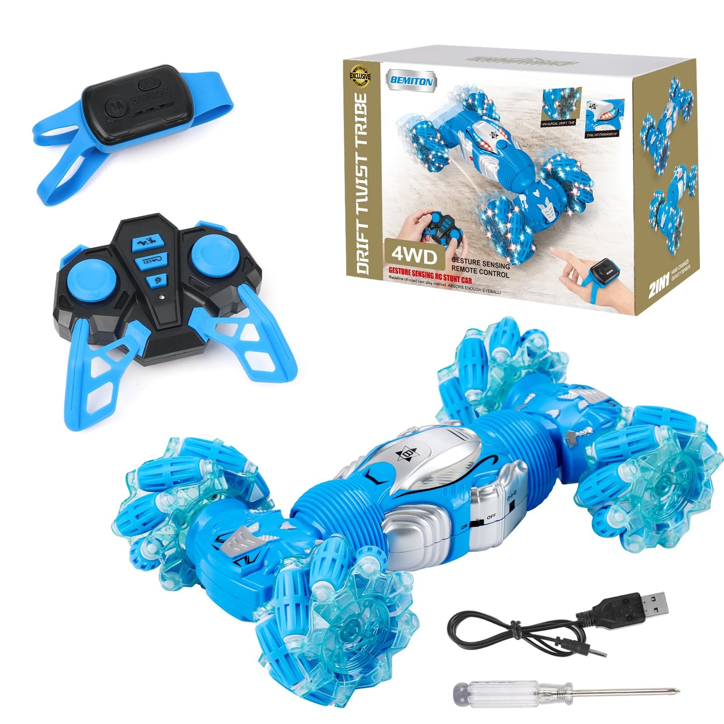BEMITON Boys Aged 6-12 Birthday Gift Ideas- Gesture Sensing RC Stunt Car Toy for Kids, Hand-Controlled 2.4Ghz Remote Control Twist Cars, 4WD All-Terrain Off-Road Vehicle