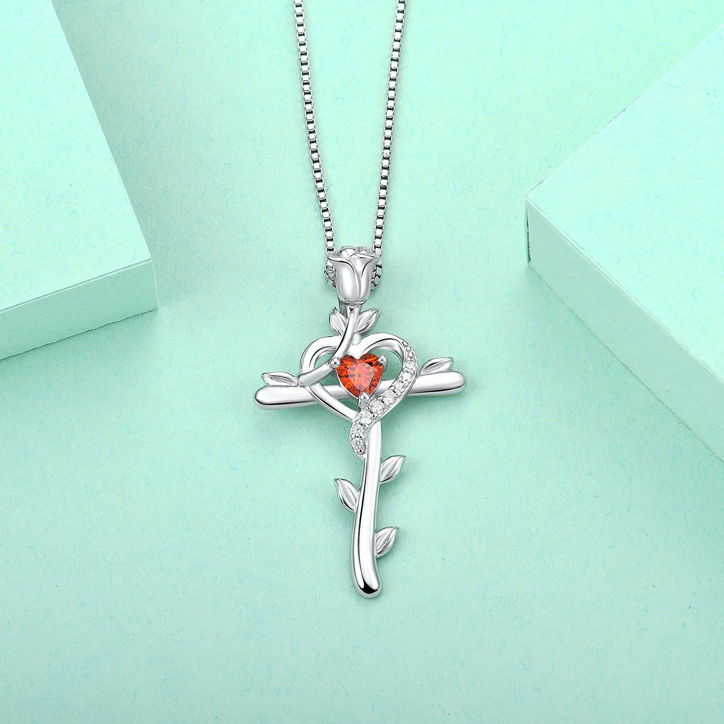 STARCHENIE Rose Cross Necklace 925 Sterling Silver Heart Crucifix Pendant Created Garnet Jewelry for Women