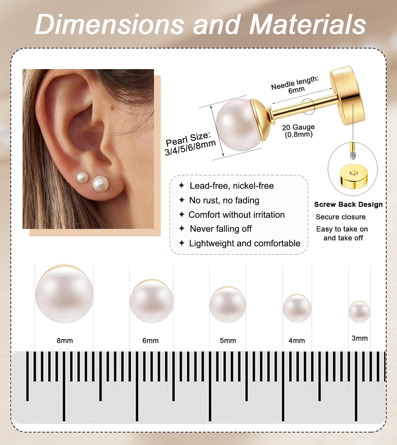 Gold Pearl Stud Earrings for Women Flat Back, 20G Hypoallergenic Surgical Steel Piercing Studs for Sensitive Ear, Lightweight Shiny Earrings Studs for Helix Tragus Cartilage Multiple Piercing