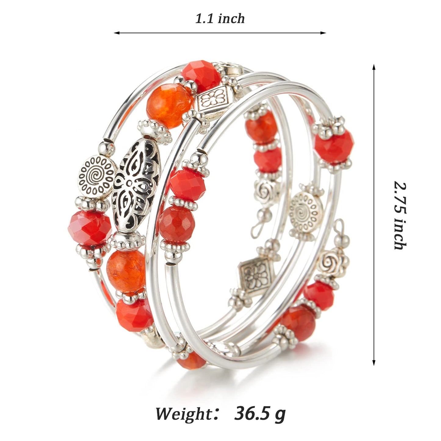 FULU AUTUMN Stackable Beaded Bracelets for Women Boho Wrap Silver Bracelet Layered Fashion Jewelry Gifts for Her(Bright orange)