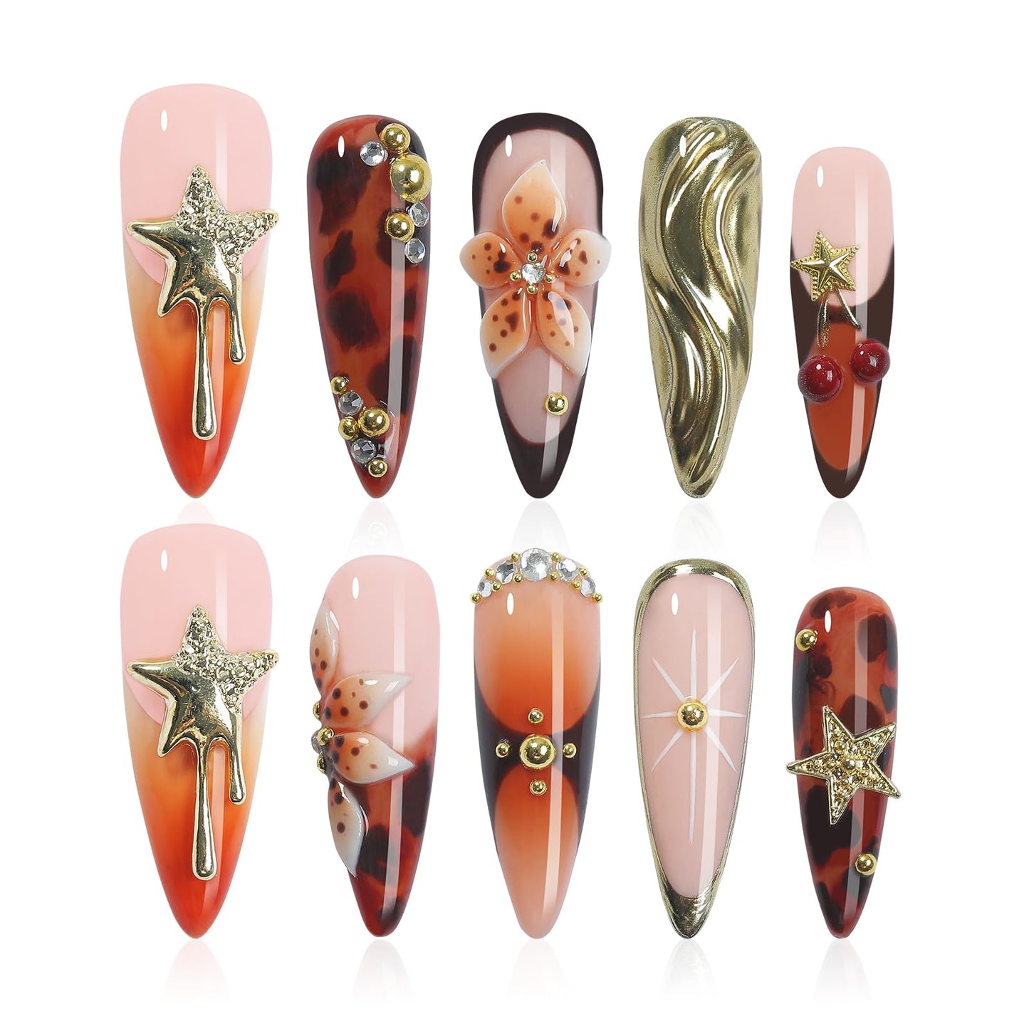 Homsera French Tip Press on Nails with 3D Stars & Flowers - Long Stiletto False Nails Handmade Design for Women Party Wedding