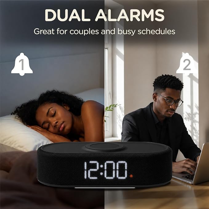 Fabric Digital Alarm Clock for Bedroom, Wireless Charging, Black