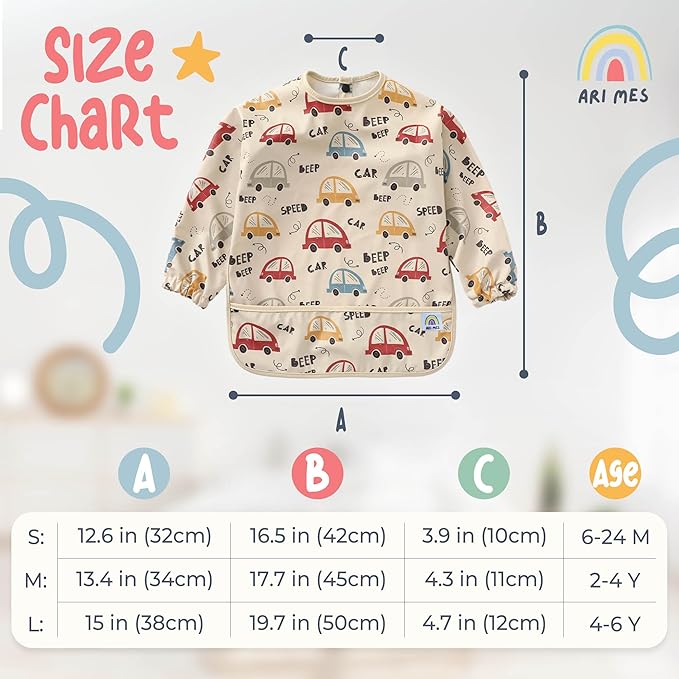 ARI MES Long Sleeves Waterproof Baby Bibs for Eating - Kitty Cats, Small - Wearable, Coverall for Toddler, Long Sleeve Bib, Smock Apron for Feeding - Applicable for 6-72 Months