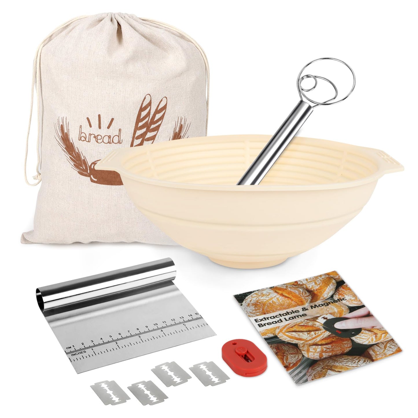 ORANGAROOS Sourdough Baking Supplies Kit Including 9 inch Round Silicone Banneton Basket, Dough Scraper, Bread Lame, Danish Whisk and Bread Bag;Proofing Basket Set for Home Bakers