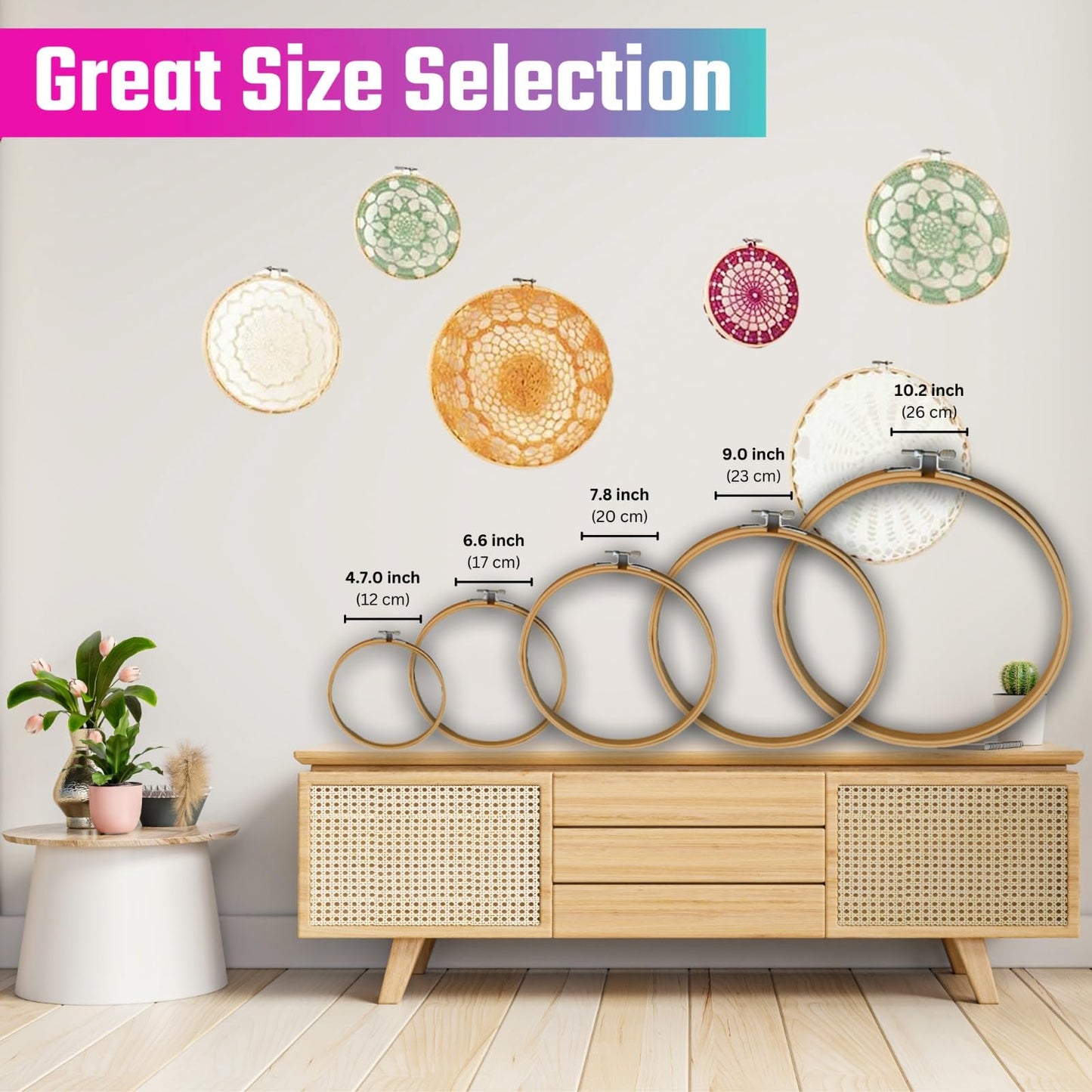 Embroidery Hoops 3 Pack Set: Premium Bamboo Wood Rings with Metal Tension Screw Brackets for DIY Cross Stitching, Sewing, Embroidered Craft Projects, Sizes 5, 7, 8, 9, & 10 in Diameter