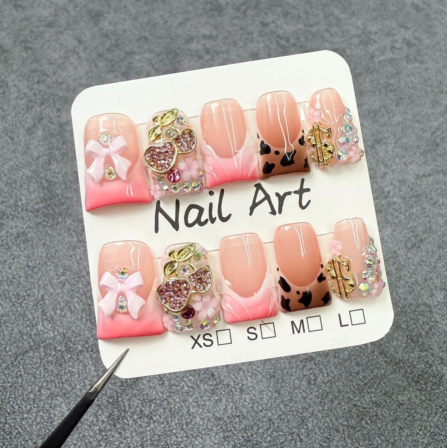 Luxury Press on Nails Short Duck Handmade 3D Unique Reusable ABS Material Fake Nails French Tip False Nails with Designs Leopard Print Flower Rhinestones Bow Glossy Glue on Nail Thick Acrylic Nail(S)