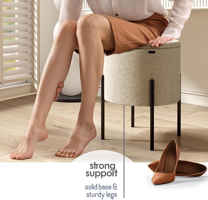 StorageBud Round Ottoman with Storage, Boucle Storage Ottoman, Foot Stool Ottoman, Makeup Vanity Stool, Small Ottoman Foot Rest, Modern Ottomans for Living Room and Bedroom, Beige