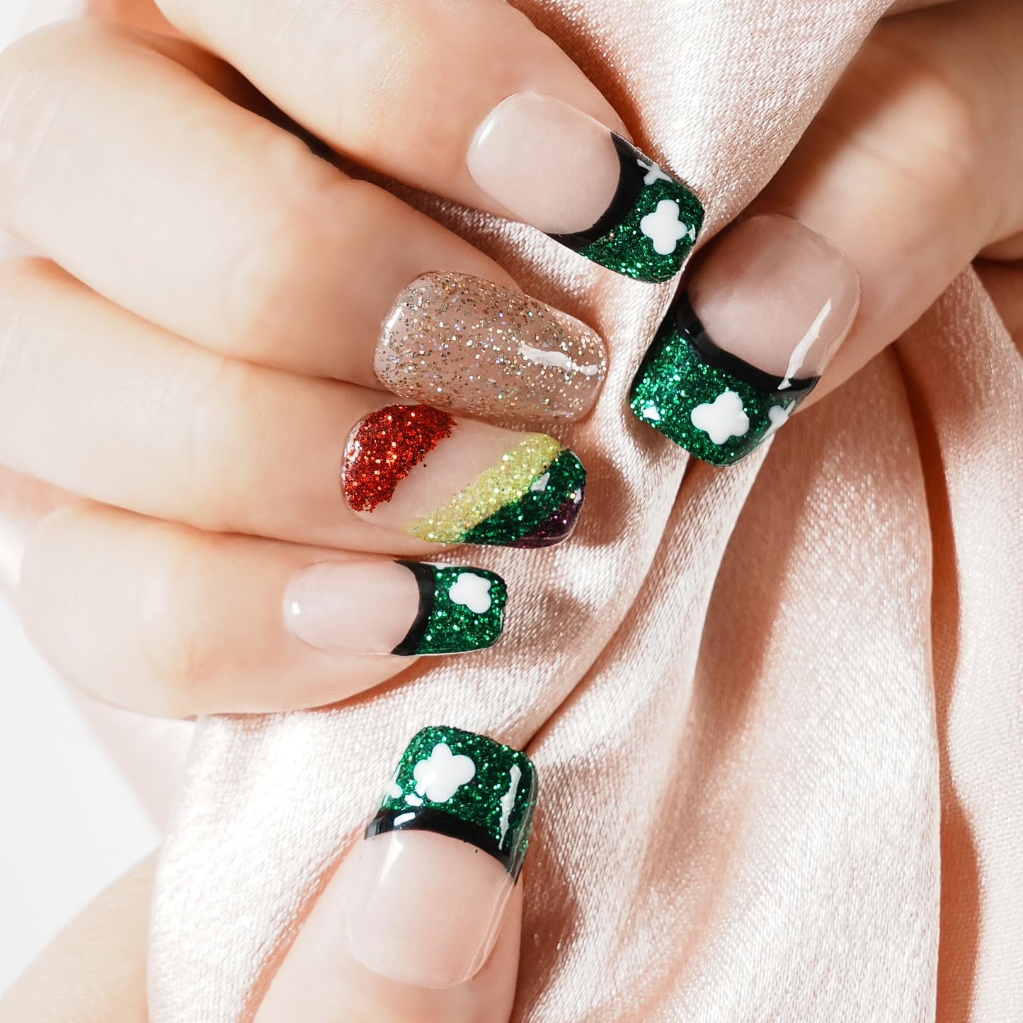 Tesytto Medium Square Press On Nails, Nude with Green Glitter French Tips and Hand-Painted White Clover, Rainbow Glitter Gradient Thick Acrylic Nails (Size S)