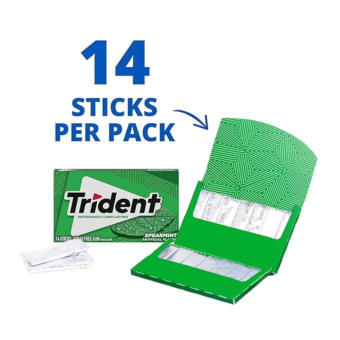 Trident Spearmint Sugar-Free Chewing Gum, 12 Packs of 14 Pieces (168 Total Pieces)