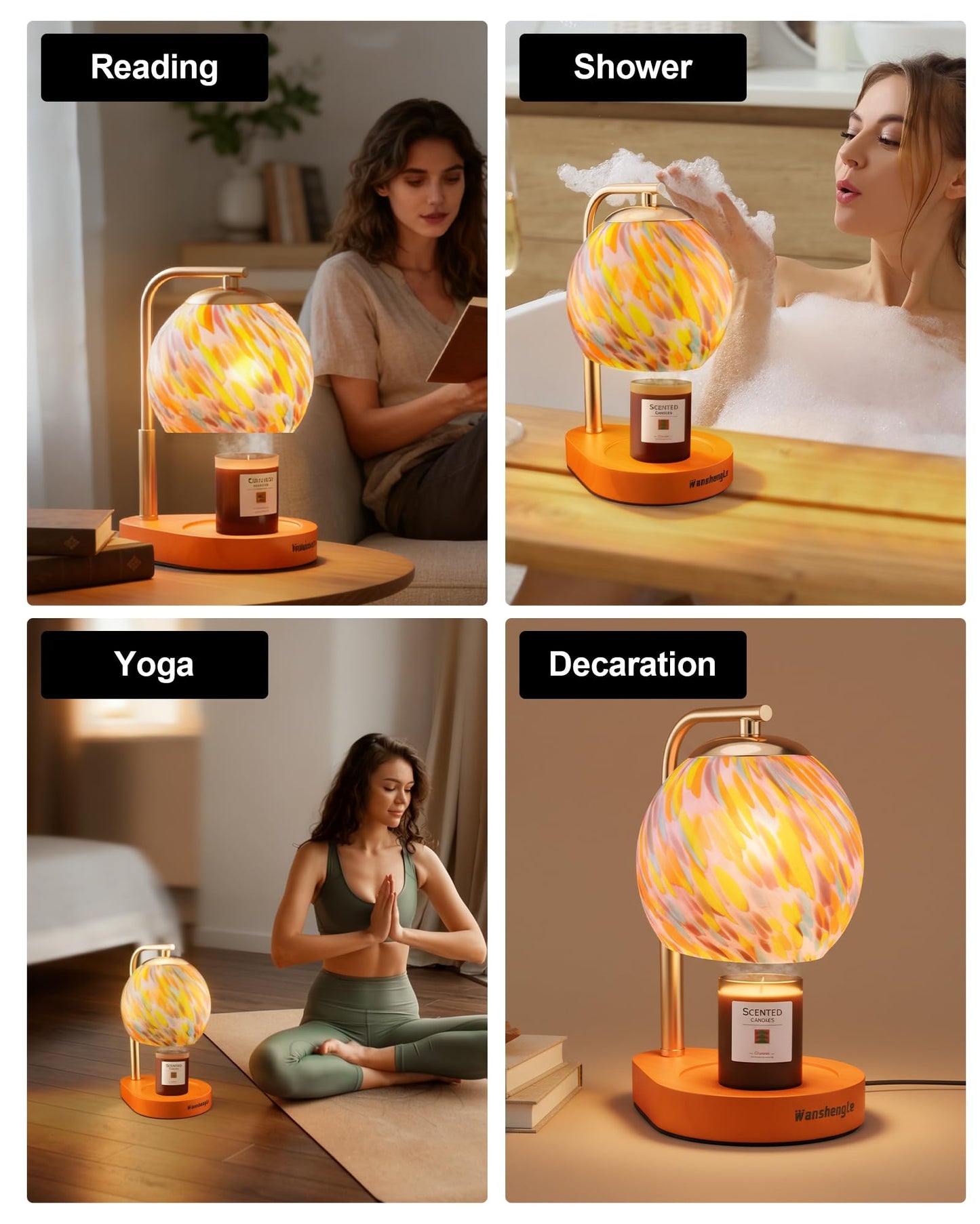 WangshengLe Stained Glass Candle Warmer Lamp Adjustable Height, 7-Level Dimmable Brightness with 2/4/8H Timer, Candle Warmer Light with 2 Bulbs for Women Mom Scented Jar Candles - Gold