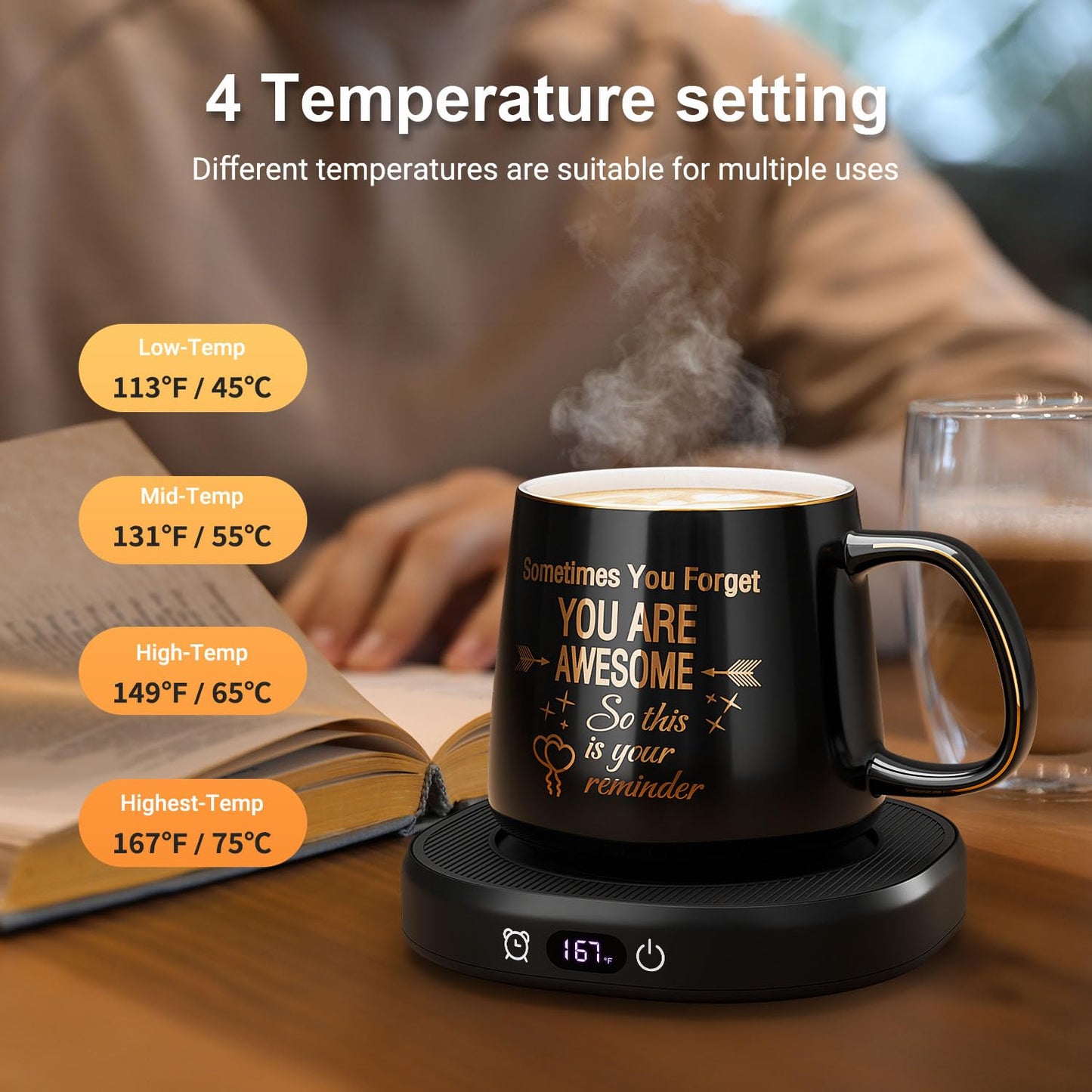 Coffee Mug Warmer & You are Awesome Mug Set, Electric Cup Warmer with Auto Shut Off, 4 Temperature Setting Smart Beverage Warmer, 8-Hours Auto Shut Off (Black Awesome Mug)