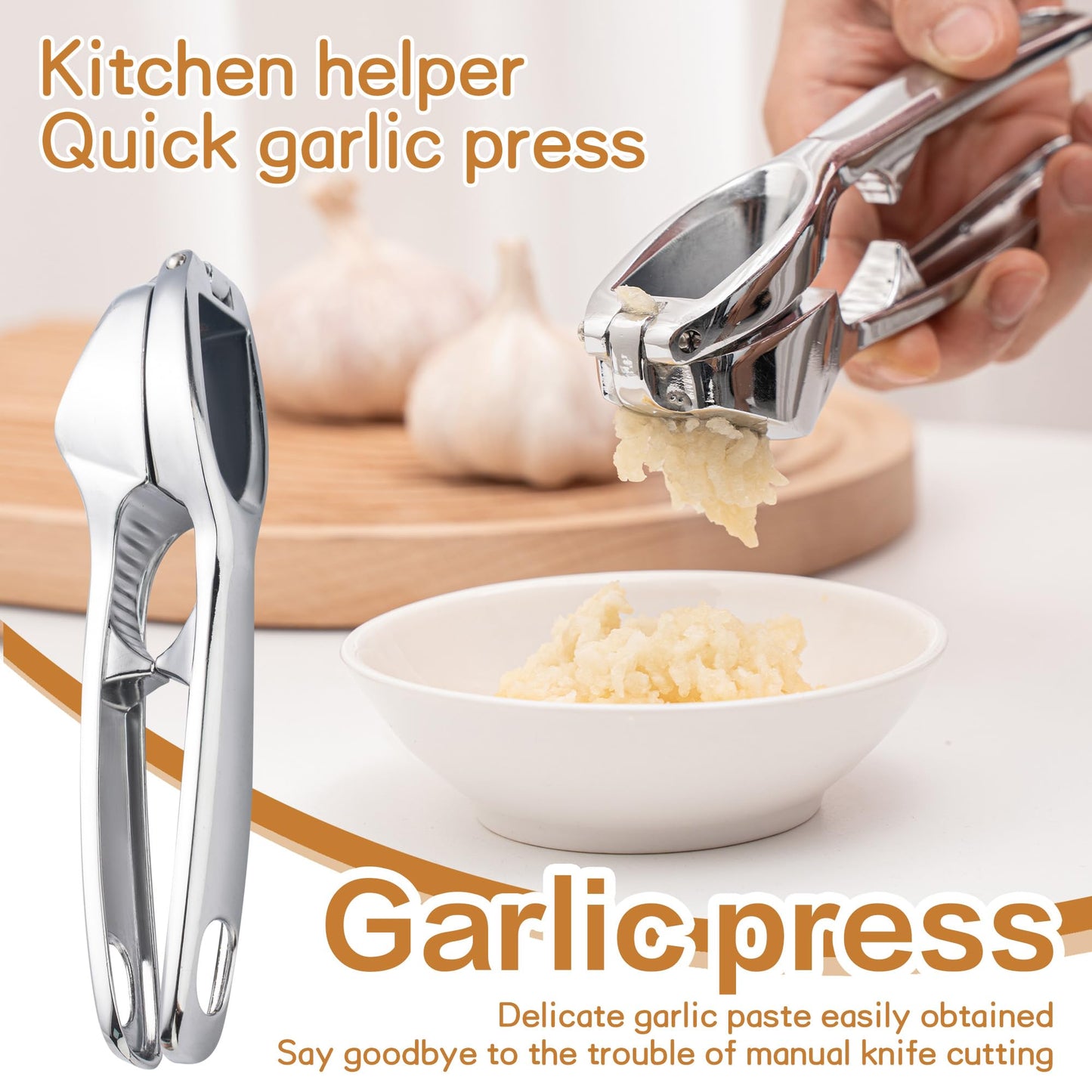 Huakai Kitchen Premium Garlic Press - Zinc Alloy Garlic Press effortlessly crushes garlic cloves, ginger chunks, nuts, and seeds. Comfortable to use and dishwasher safe.