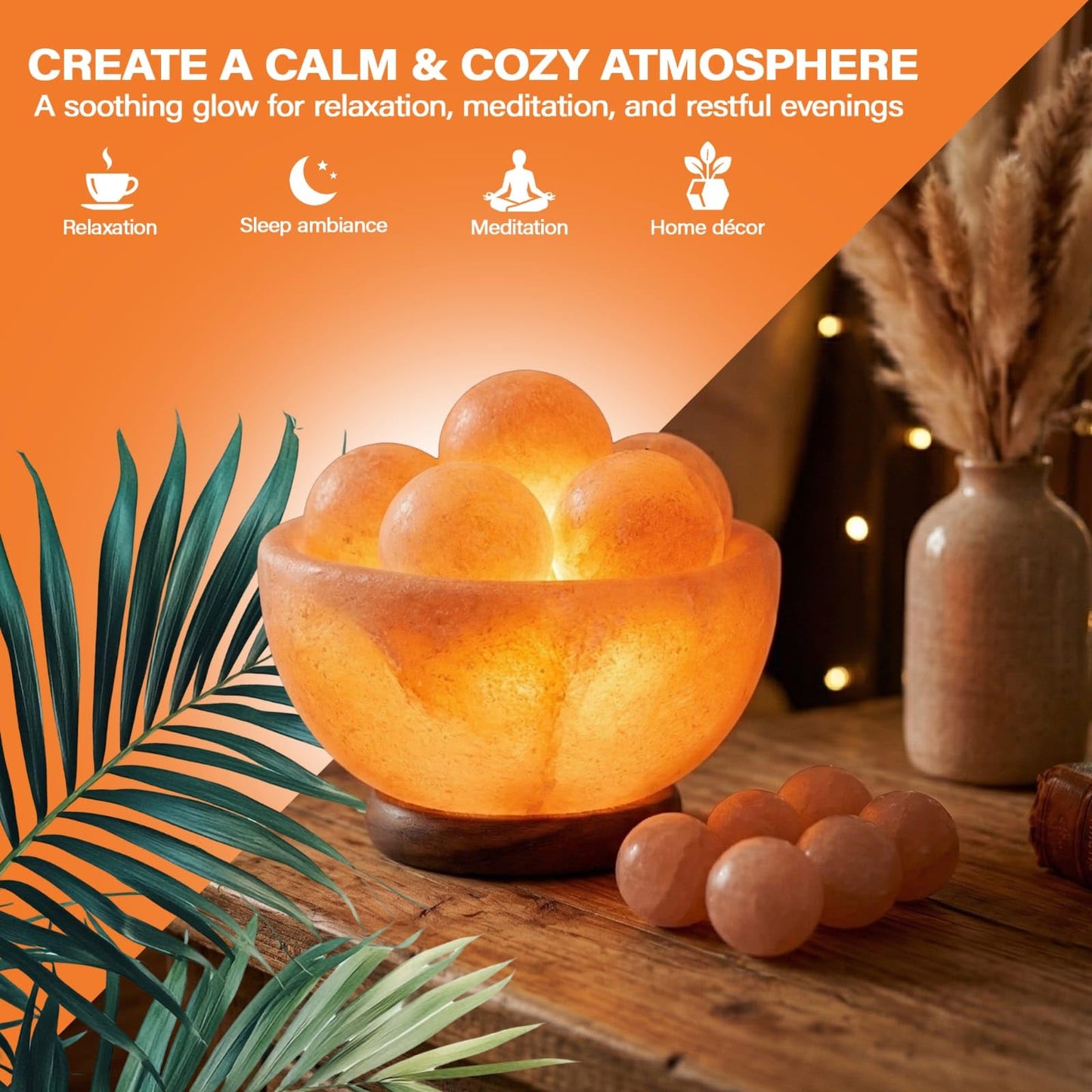 Himalayan Salt Lamp Fire Bowl with 5 Massage Balls, Relaxing Ambient Glow Night Light with on/Off Switch