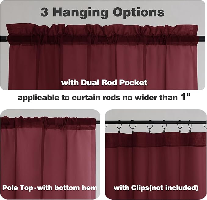 Chyhomenyc Burgundy Sheer Curtains 84 Inches Long 2 Panels, Light Filtering Voile Christmas Curtain Drapes Window Treatment for Bedroom Living Room, Each 42Wx84L Inch