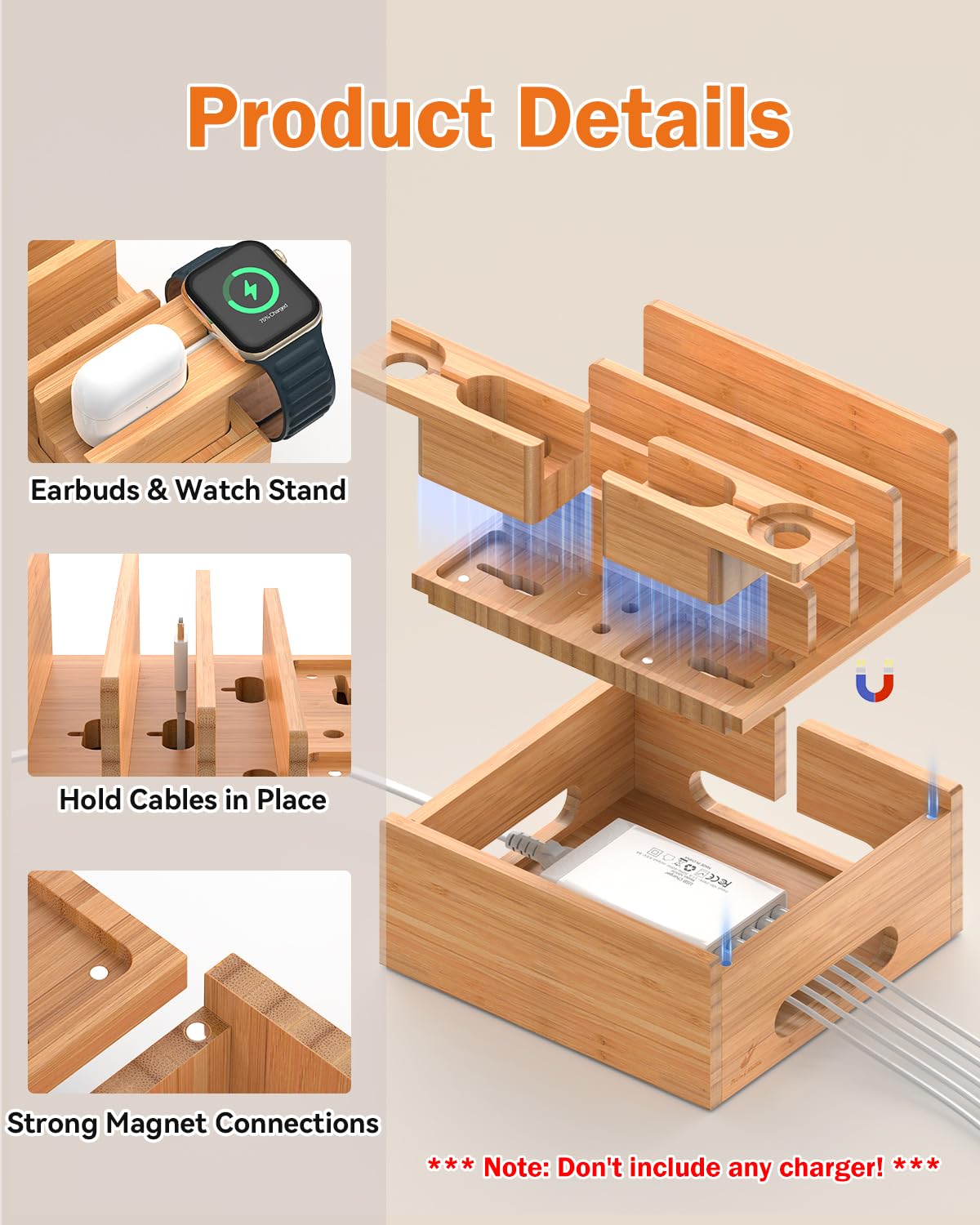 Pezin & Hulin Bamboo Charging Station Organizer for Multiple Devices, Desktop Docking Station Compatible with Phone, Tablet, Earbuds, Smartwatch, (Included 5 Cables, NO Charger HUB)