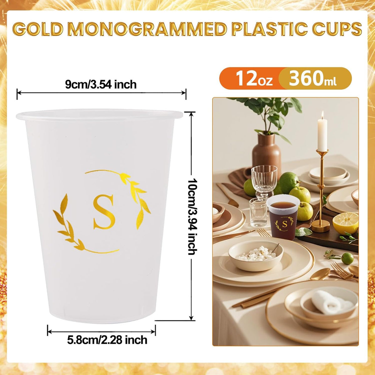 100 Monogrammed Cups Disposable Initial Plastic Cup 12 oz Wedding Personalized Cup for Wedding Reception Baby Shower Birthday Party(Letter S)
