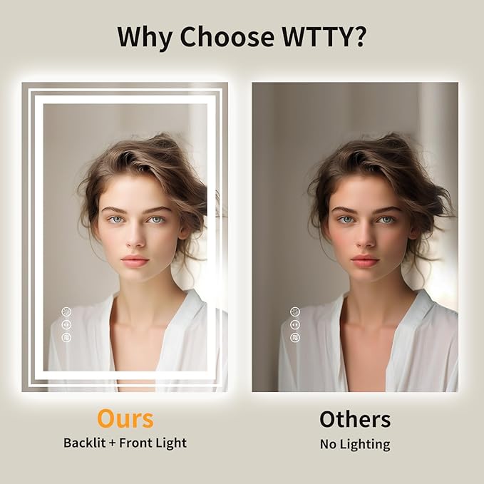WTTY LED Bathroom Mirror 20"x 28" with Backlit and Front Light,Dimmable LED Mirror for Bathroom,Anti-Fog Lighted Bathroom Vanity Mirror Modern for Wall,Memory Function,Shatter-Proof