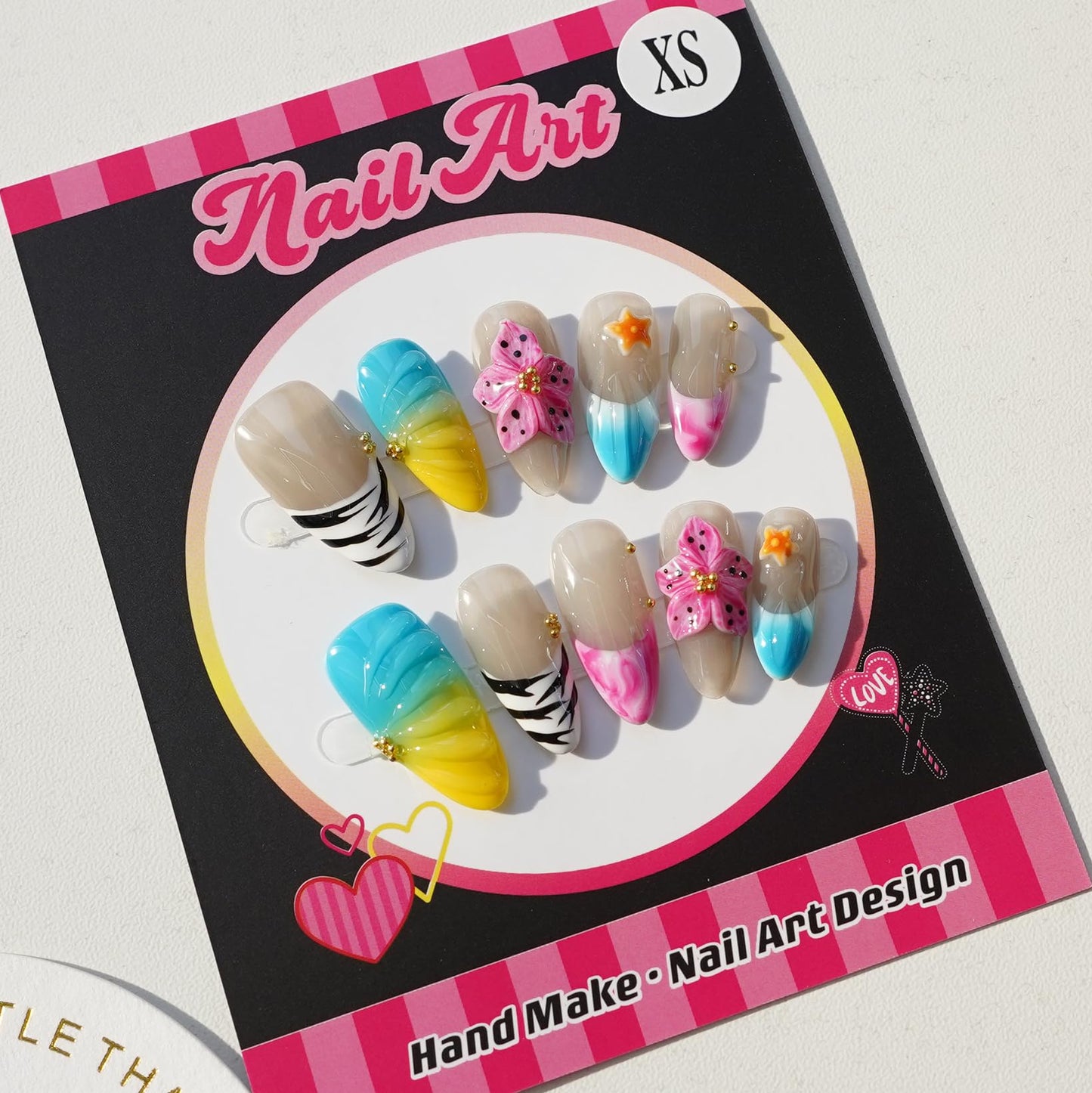 Handmade Press on Nails for Women - Medium Almond 3D Thick Acrylic Reusable Fake Nails with Designs Summer Floral Boho Funky Tropical Cute Nail-art Set 10pcs,colorful,S