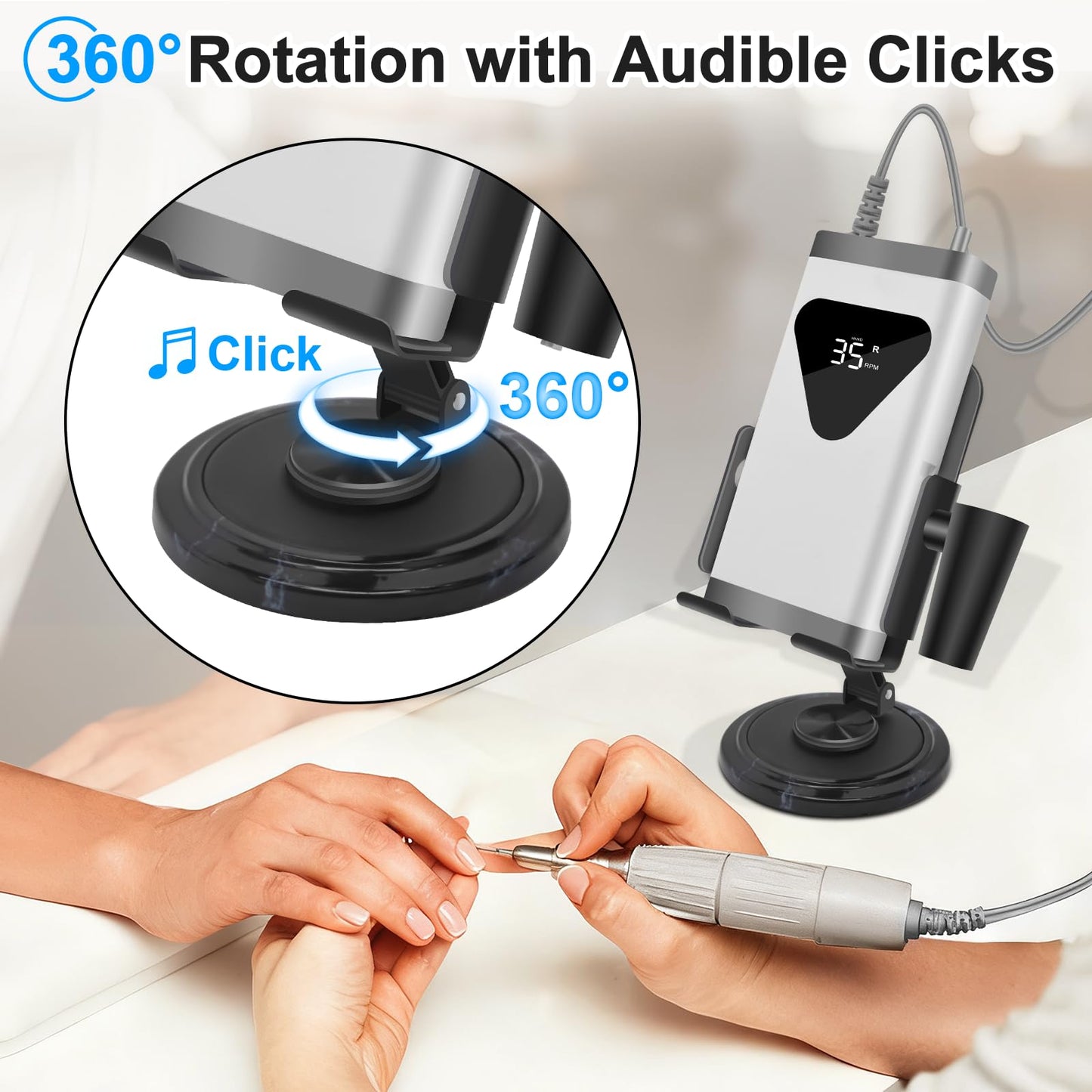 Diesisa Nail Drill Machine Holder - Nail Drill Holder Stand - 360° Rotatable - with Pen Holder - Portable Nail Desk Organizer - Professional Manicure Tool Organizer for Nail Techs Salon & Home Use
