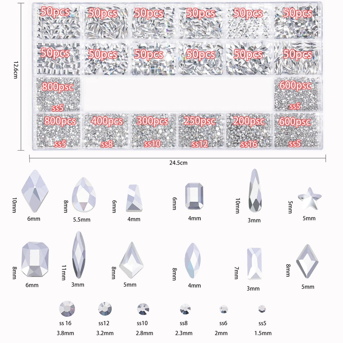DZHILHMX Nail Rhinestones - 4300pcs Mine Silver, Multiple Shape Gems, Flat Back Rhinestones, with Kit and Glue Gel, for Nail Art