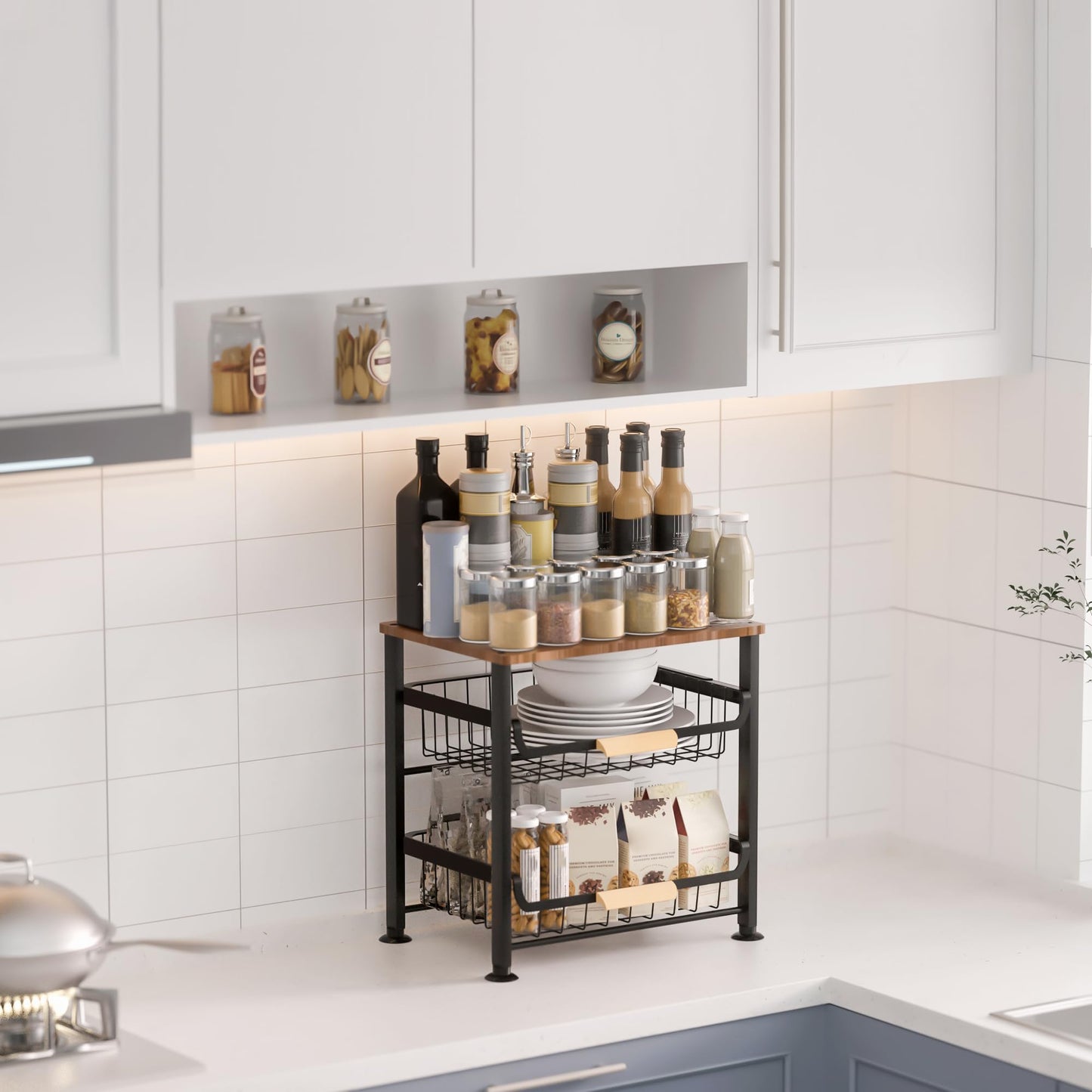 Uninol Fruit Vegetable Basket for Kitchen,3 Tier Pantry Organizers and Storage,Snack Organizer for Countertop,Pantry Cart,Metal Wire Storage Shelf Organizer Baskets for Kitchen, Pantry, Bathroom