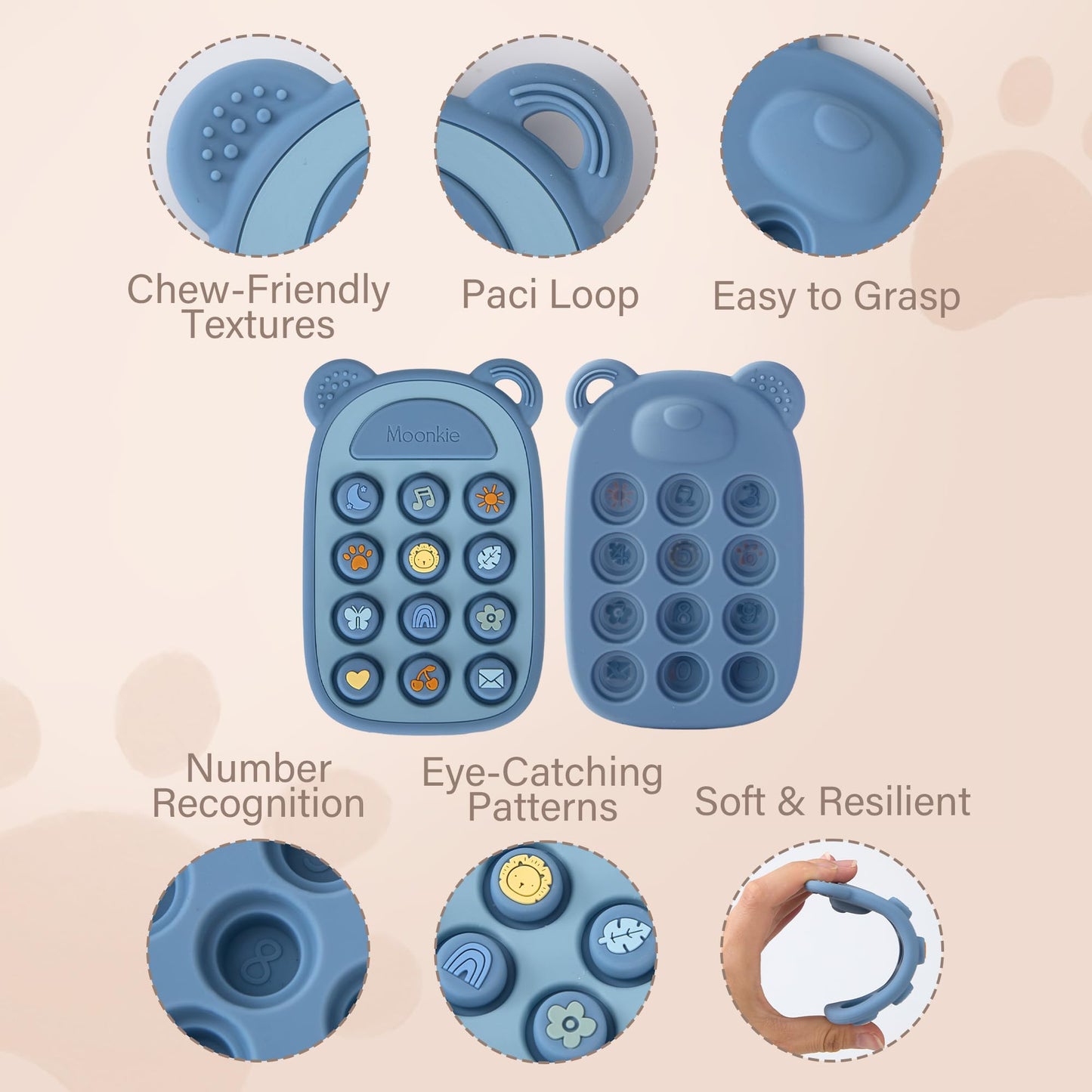 Moonkie Silicone Press Phone Teething Toy for Baby 3 Months+ | Soft BPA-Free Teether with Icon & Number Pop Bubbles | Ideal Gift for Baby Boys