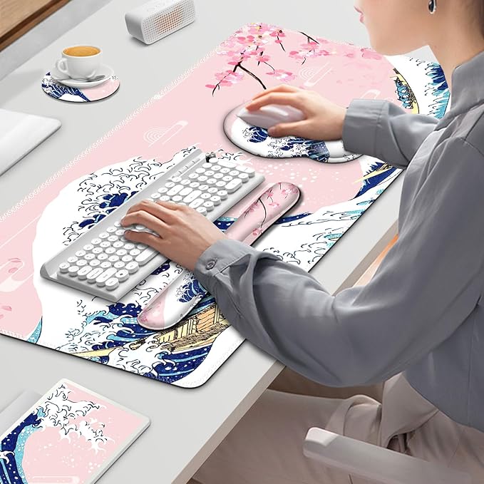 Gaming Mouse Pad, Large Desk Mat, Cute Desk Pad Protector, Pink Cherry Blossoms XXL Mousepad + Keyboard Wrist Rest+Mouse Wrist Rest+Coaster Set with Ergonomic Desk Pad, Japanese Wave of Kanagawa