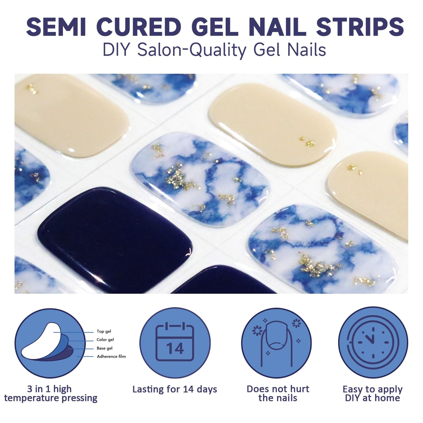 DUKASOU Semi Cured Gel Nail Strips,28 Pcs Gel Nail Stickers Wraps(Ocean Blue),Long Lasting Stickers Works with Any UV Light, Easy to Apply