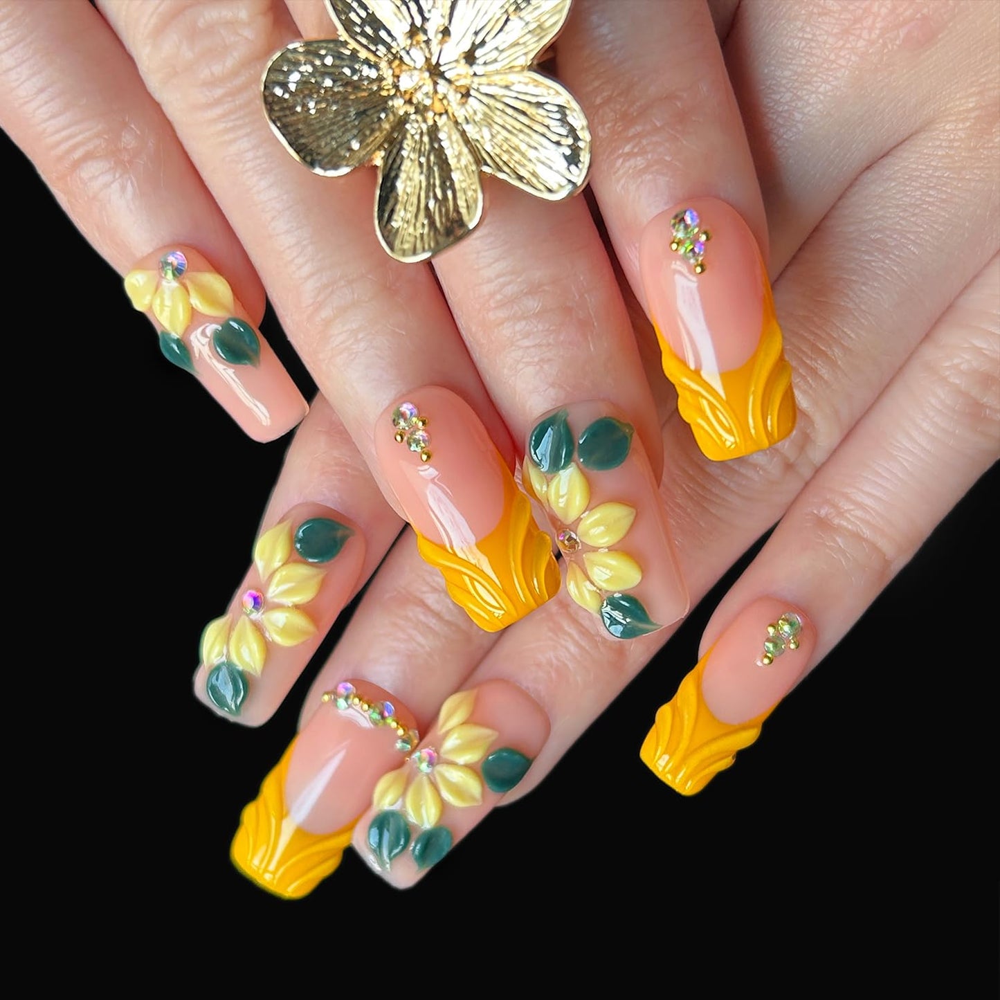 MXYIYANR Press on Nails Square Fake Nails,Spring French Tip False Nails with 3D Design False Fingernails, Glossy Full Cover Stick on Nails for Women Manicure 10 Pcs (S)