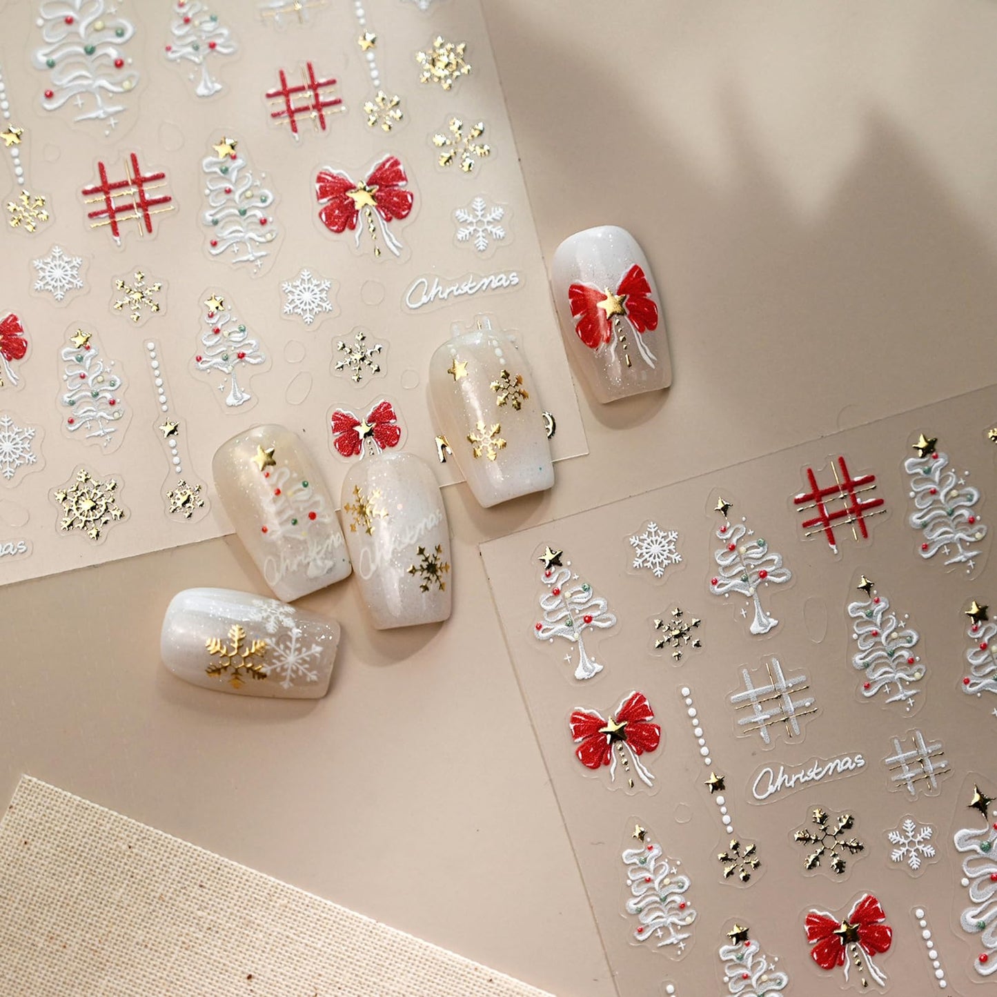 Christmas Nail Art Stickers– 3D Winter Holiday Red Bow, Snowflakes, Christmas Tree Designs – Self-Adhesive Decals for DIY Christmas Nails Manicure Decorations(1 Sheet)