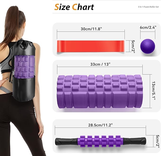 5 in1 Foam Roller Set, Trigger Point Foam Roller, Massage Roller Stick, Massage Ball, Resistance Band for Deep Muscle Massage Pilates Yoga,Fitness Exercise for Whole Body (Purple)