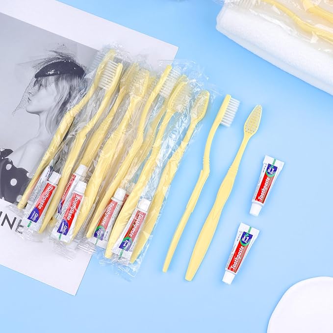 Disposable Toothbrush with Toothpaste Set, Individually Wrapped Soft Bristles Travel Size Manual Toothbrushes Kit in Bulk for Hotel/Travel/ Business/Donation/Homeless/Charity/Camping (50 Pack)