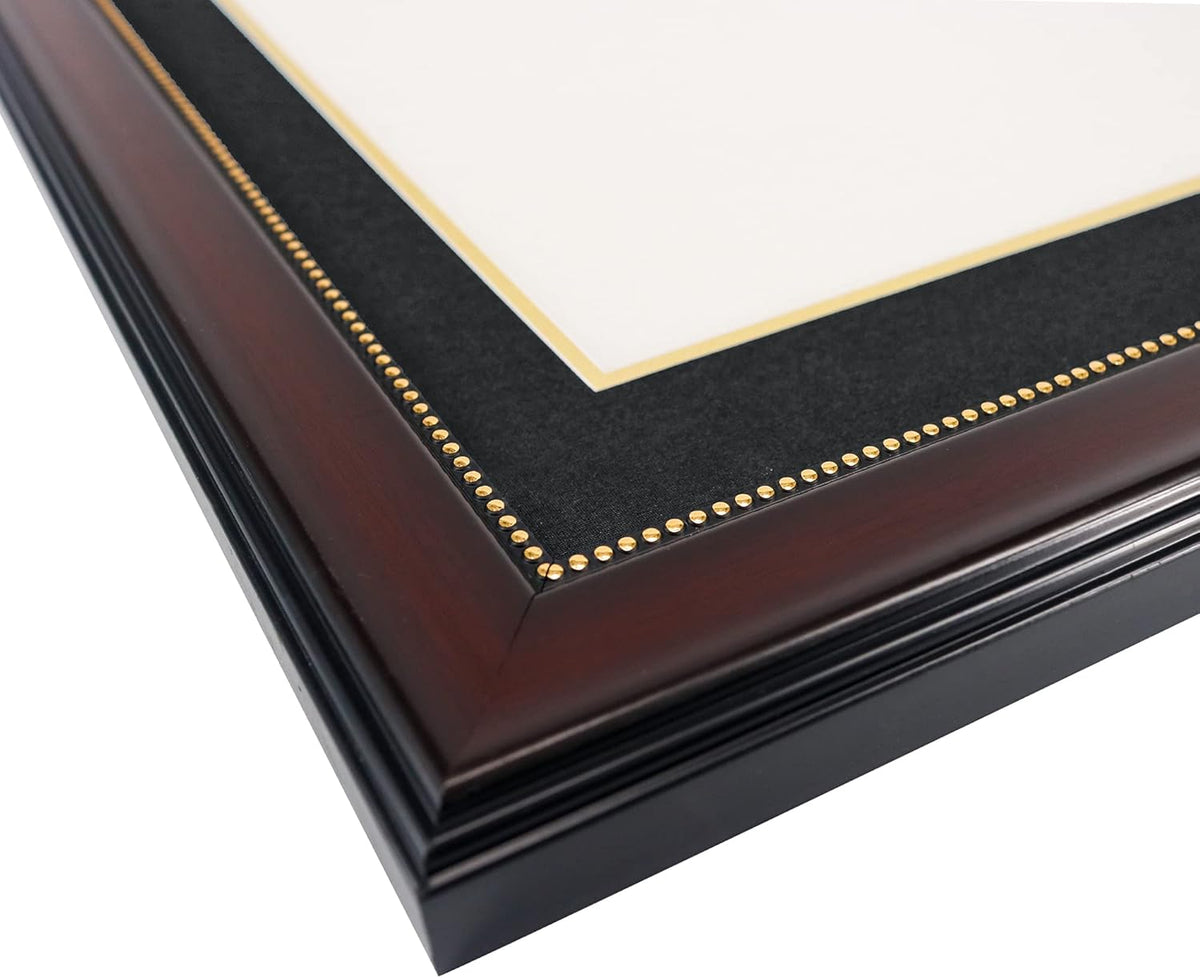 GraduationMall 11x22 Mahogany Diploma Frame with Tassel Holder and Picture for 8.5x11 Certificate 5x7 Photo,Real Glass,Black over Gold Mat