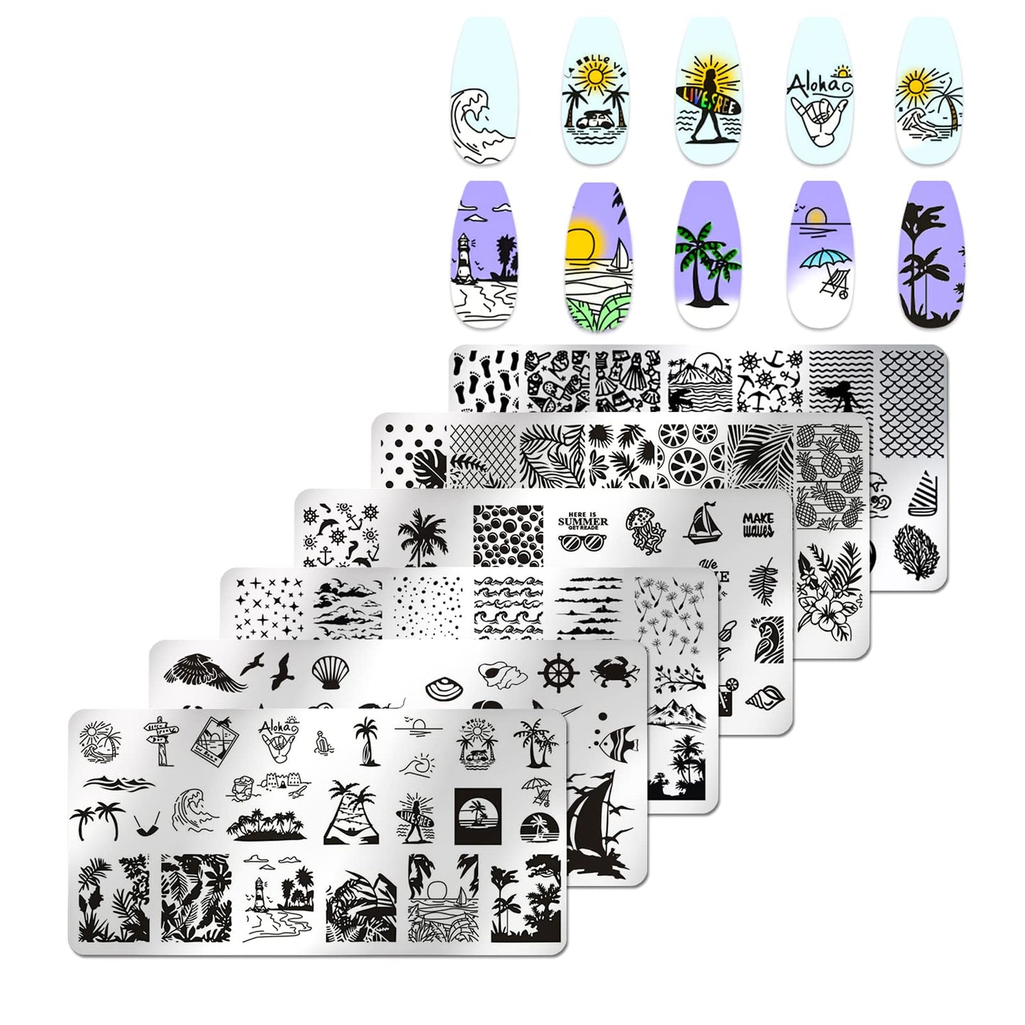 JERCLITY 6pcs Seaside Scenery Nail Stamping Plate Nail Stamping Kit for Nails Summer Beach Coconut Trees Sunset Waves Sea Animals Image Plates Nail Art Design Template Print Nail Stamper Kit for Women