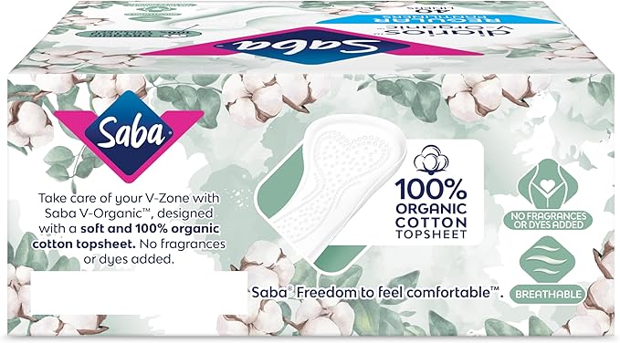 Saba V-Organic Regular Pantiliners | for Daily use | 100% Organic Cotton Topsheet | Breathable Pantiliners | 160 Liners (4 Packages, 40 Liners Each)