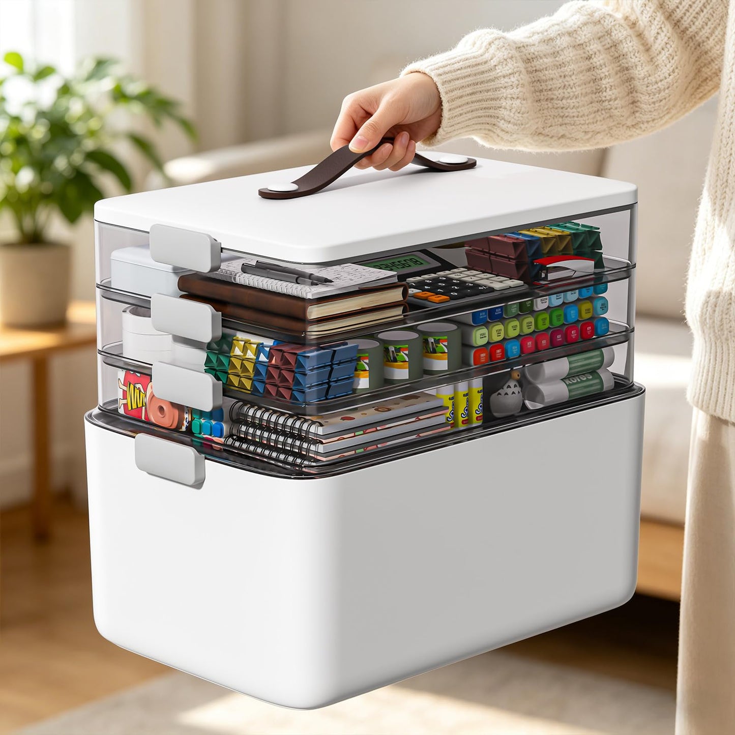 MOPUP 4-Tier Medicine Craft,Sewing,Art,Organizer Storage,Portable Latch Bin with Lid and Leather Handle,Pill Bottle, First Aid,Multipurpose Organizer with Removable Tray,A Household Essential