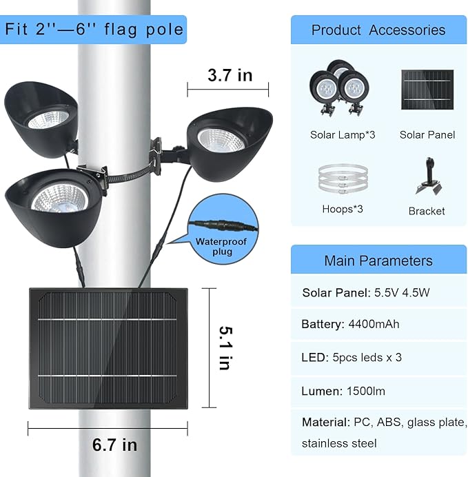 Solar Flag Pole Light, 3 Super-Spotlights LEDs, Adjustable Metal Clamps Fits 2-6''Flag Poles, IP65 Waterproof Outdoor Solar Powered Flagpole Lights, 360 Degrees of Flag Illumination, White