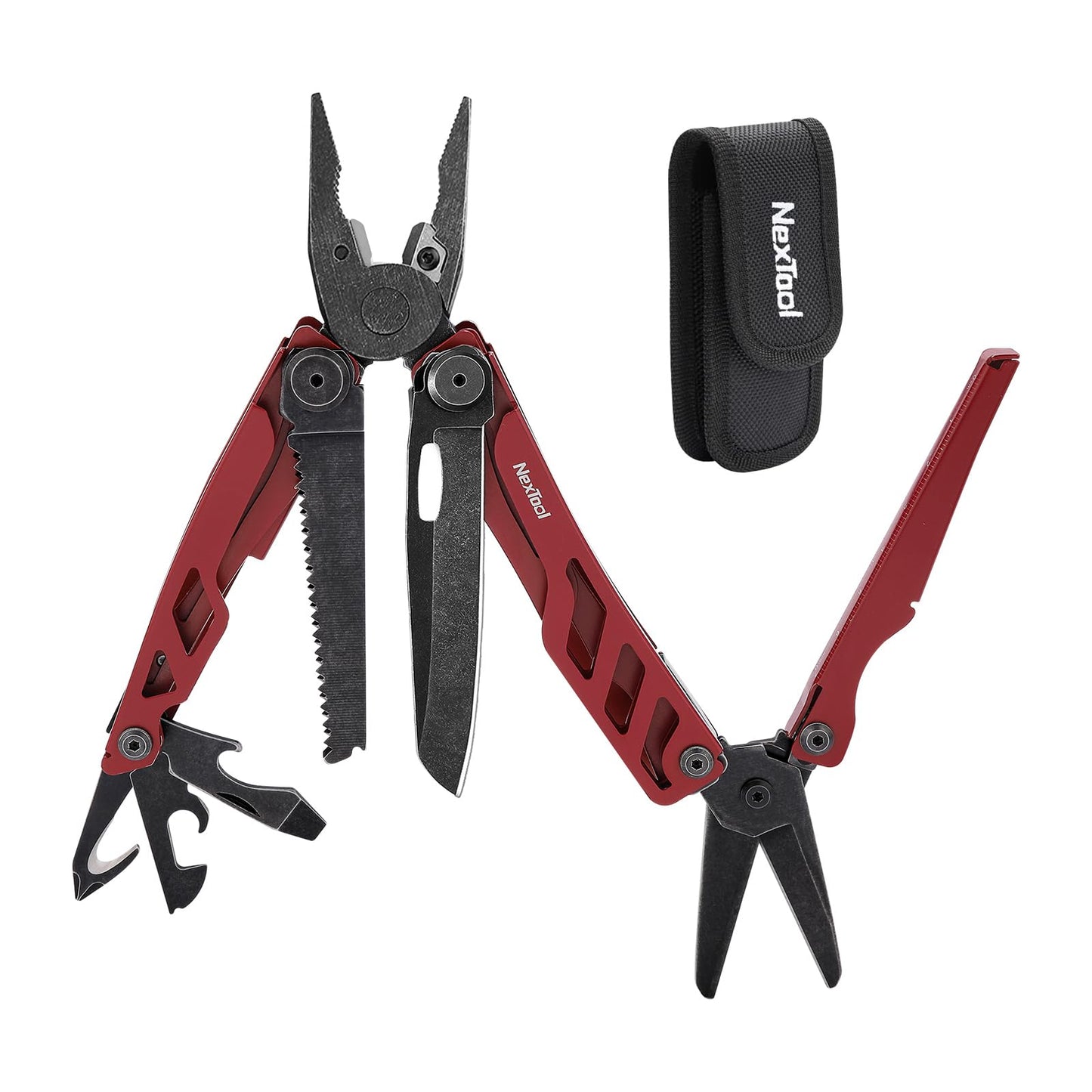 NexTool Flagship Pro, Multi Tool, Multitool Pliers with Big Folding Scissors, Replaceable Wire Cutters and Safety Locking, Multi Tool Pocket Knife, Survival Tools with Glass Breaker, Gifts for Men-Red