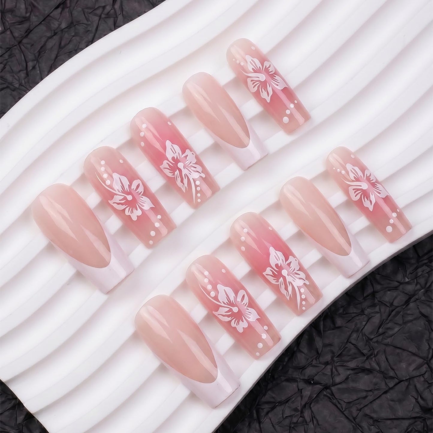 IMSOHOT Square Press on Nails, Long Fake Nails, Pink Blush White Floral French Tip, 24 Pcs Reusable Glue on Nails for Women, Salon Quality