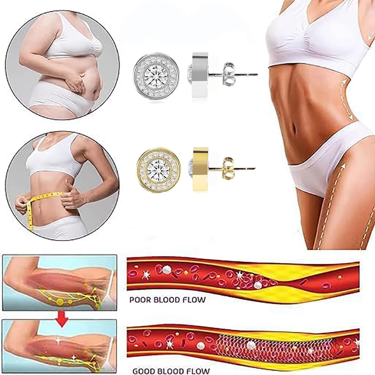 Lymphatic Magnetology Earrings For Women, Halolux Lymphvity Germanium Drainage Therapy Infrared Bead Negative Ion Lymph Detox Earring Stud Earrings Round Rhinestone Jewelry Gift (gold)