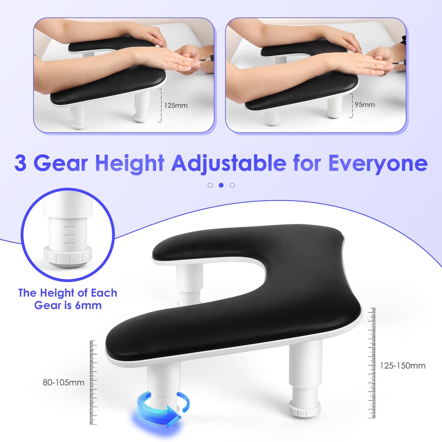 Manicure Arm Rest for Nails Tech: U-shaped Adjustable Nail Armrest - Black PU Leather Hand Stand Rest for Manicurists