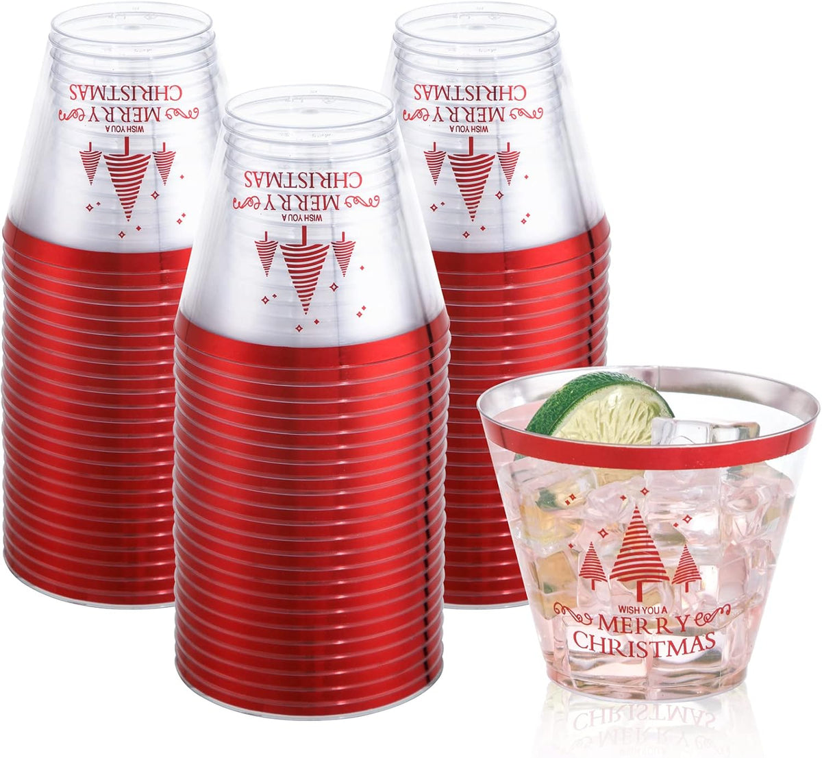 I00000 100PCS Christmas Red Plastic Cups Christmas Disposable Cups 9 Oz Plastic Holiday Cups Wine Glasses Red Rim Clear Cocktail Tumblers Drinking Glasses for Parties