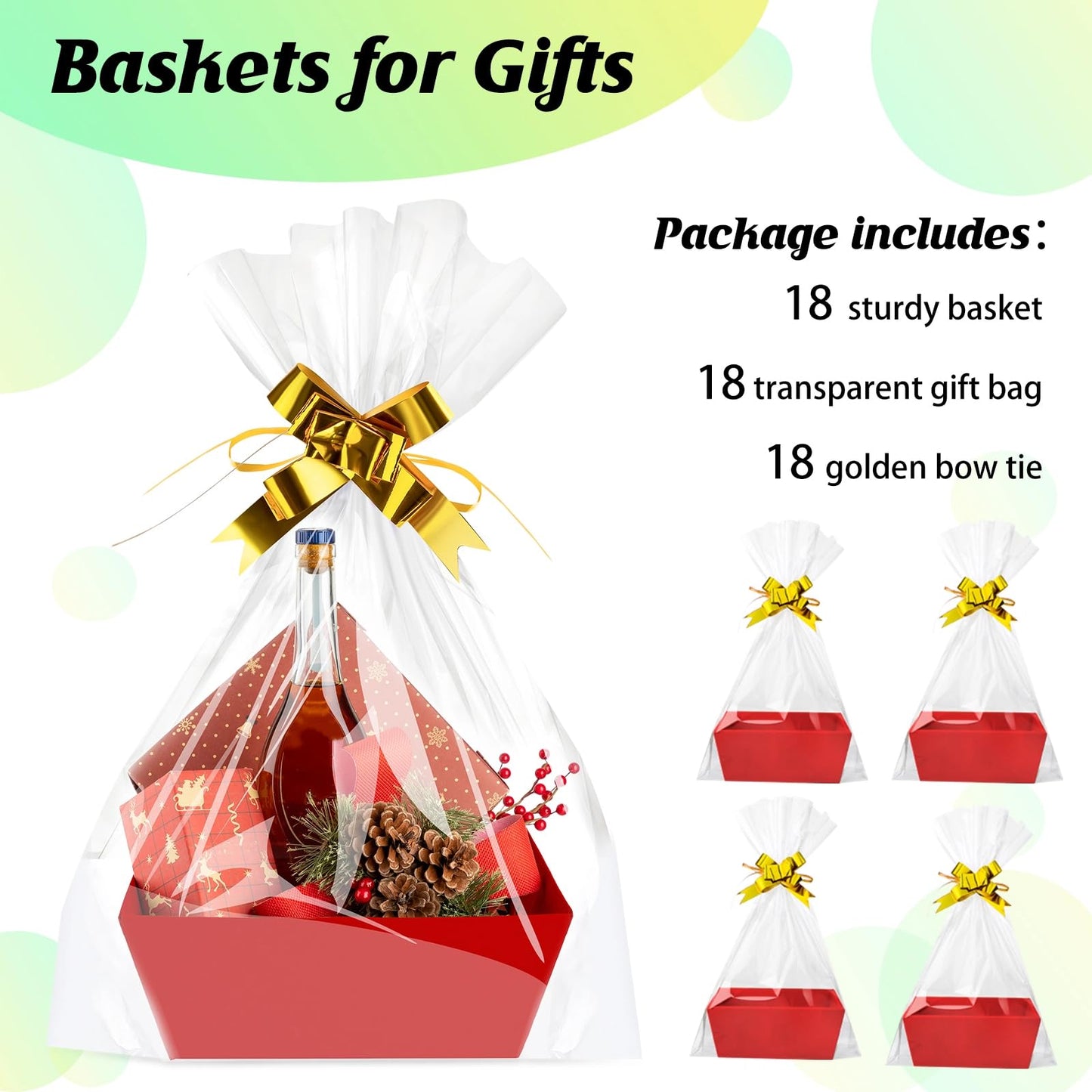 Fainne 54 Pcs Basket for Gifts Kit Include 18 DIY Empty Gift Basket Bulk, 9.8 x 8.5 x 3.5 Inches Food Storage with Handles, 18 Plastic Bags and 18 Bows for Christmas Party Gift Wrapping(Red)